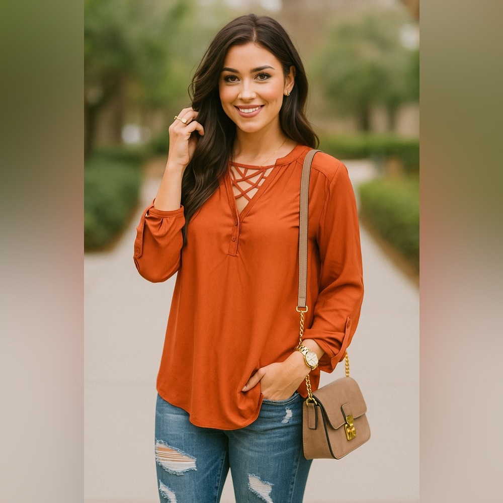 A Classy Chic Boutique Rust Orange Lattice-Neck Long Sleeve Blouse